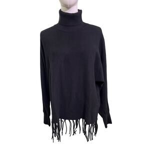 Carmen Marc Valvo Black Turtleneck Fringe Sweater L Viscose Blend Long Sleeve